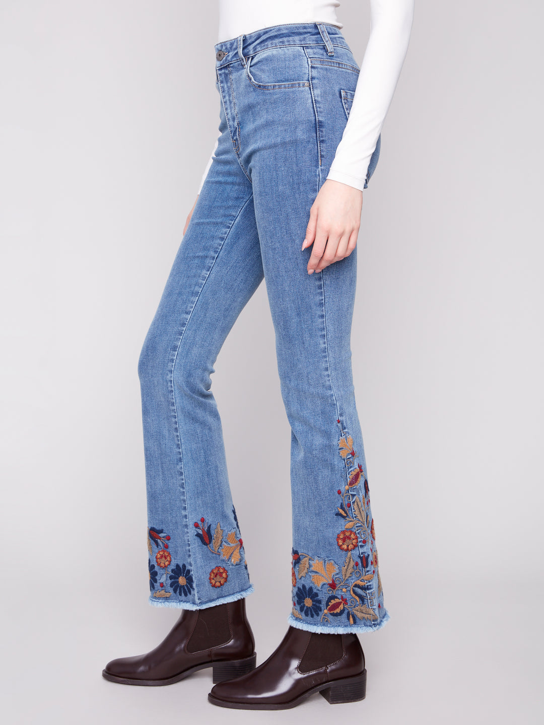 Medium Blue Colourful Embroidered Flare Leg Jean