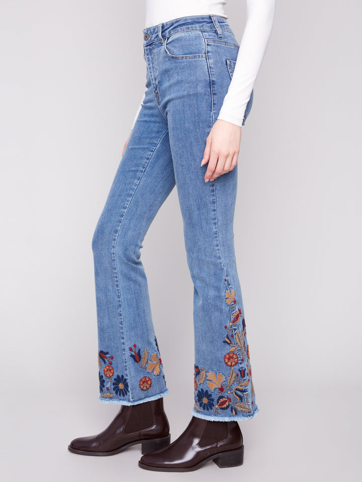 Medium Blue Colourful Embroidered Flare Leg Jean