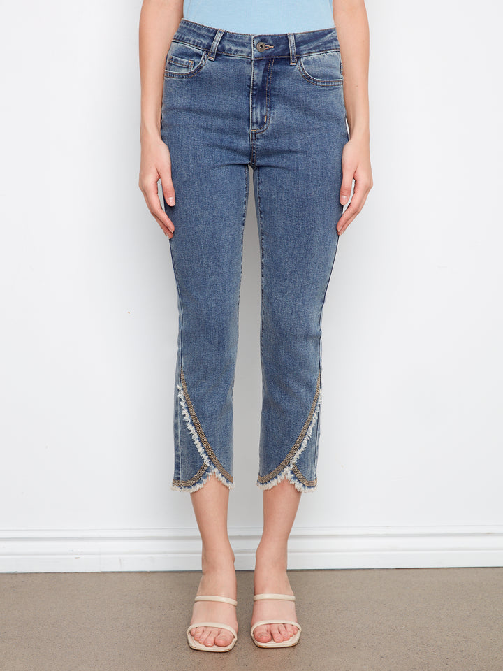 Medium Blue Embroidered Tulip Hem Slim Jean