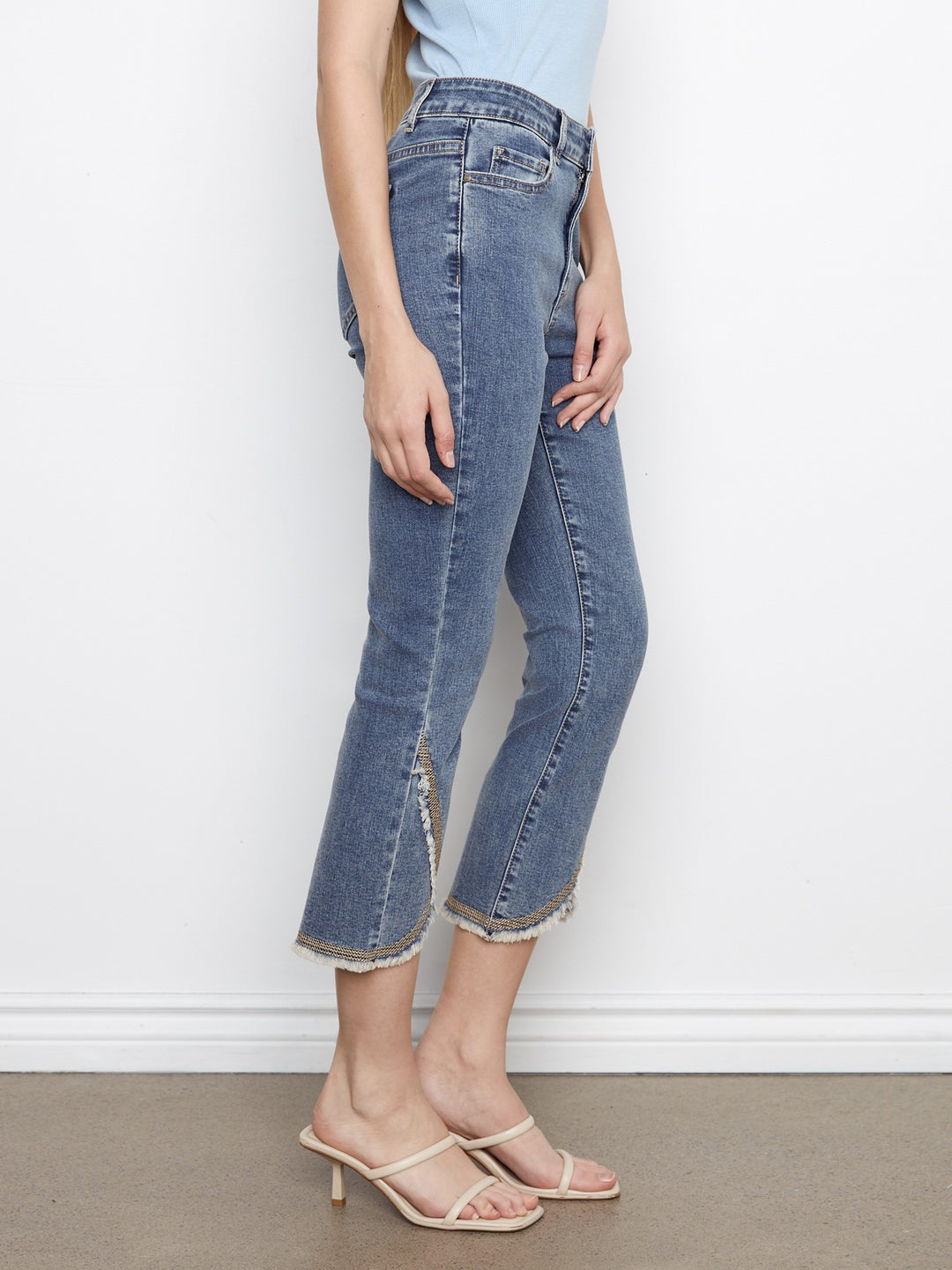 Medium Blue Embroidered Tulip Hem Slim Jean