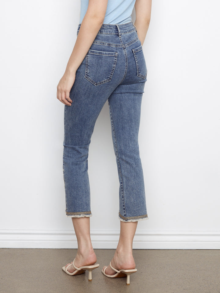 Medium Blue Embroidered Tulip Hem Slim Jean