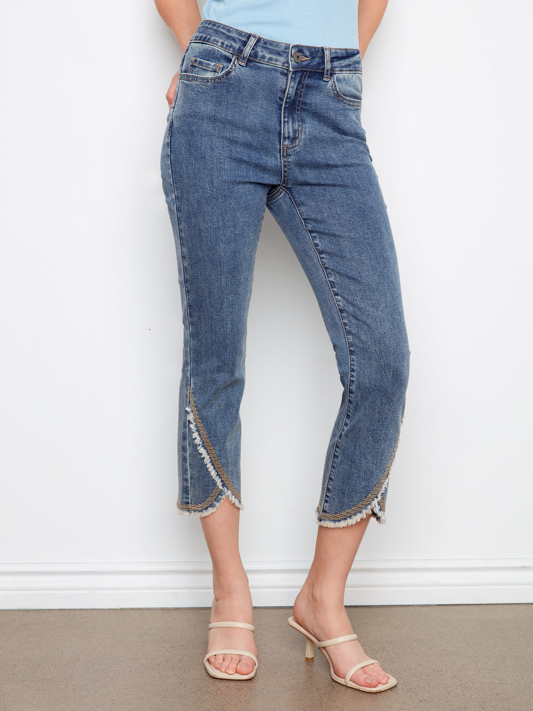 Medium Blue Embroidered Tulip Hem Slim Jean