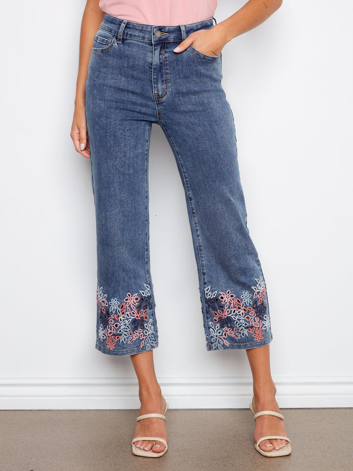 Medium Blue Eyelet Embroidered Flare Jean