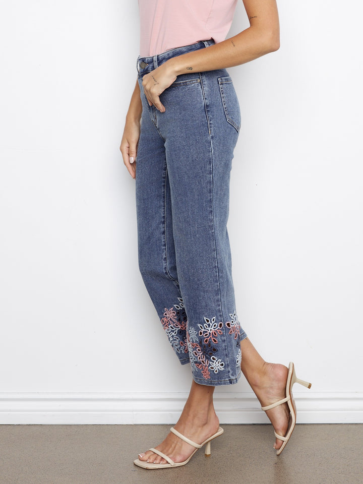 Medium Blue Eyelet Embroidered Flare Jean