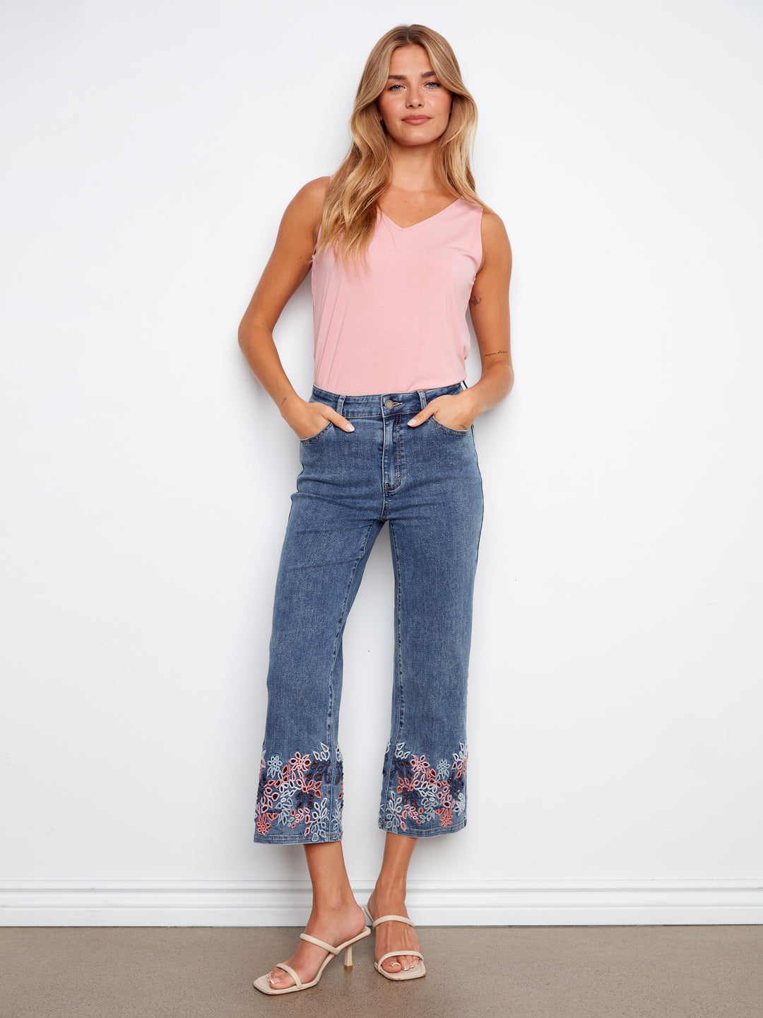 Medium Blue Eyelet Embroidered Flare Jean