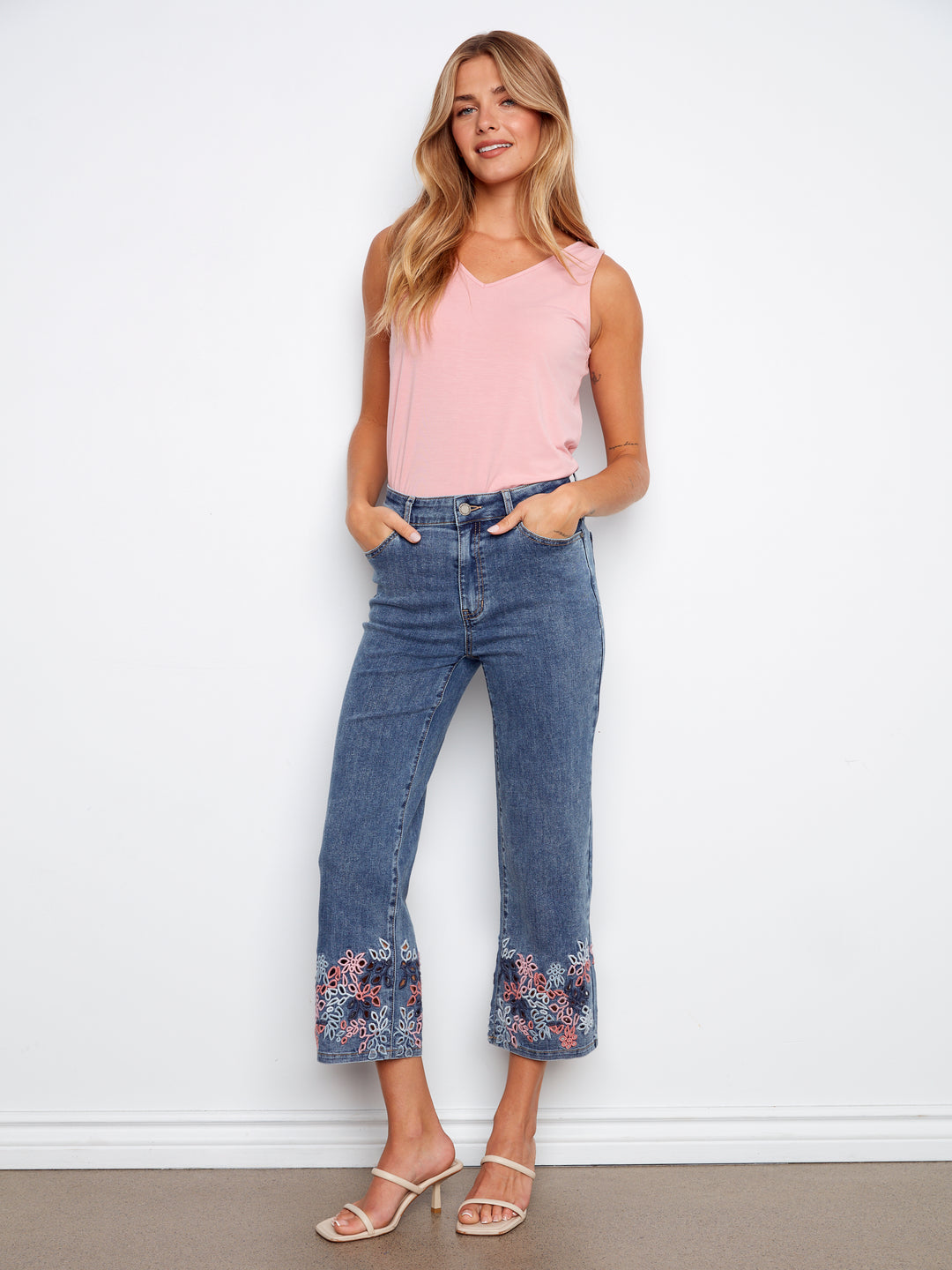 Medium Blue Eyelet Embroidered Flare Jean