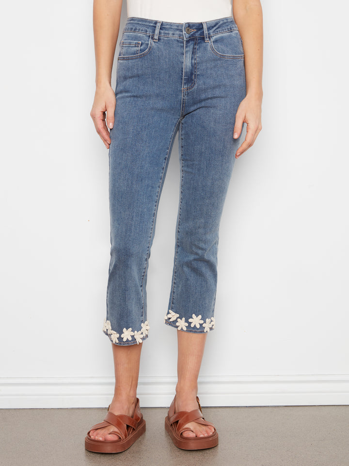 Medium Blue Floral Hem Flare Leg Jean