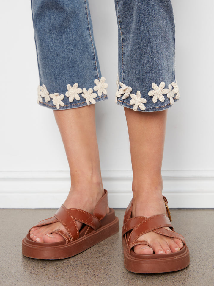 Medium Blue Floral Hem Flare Leg Jean