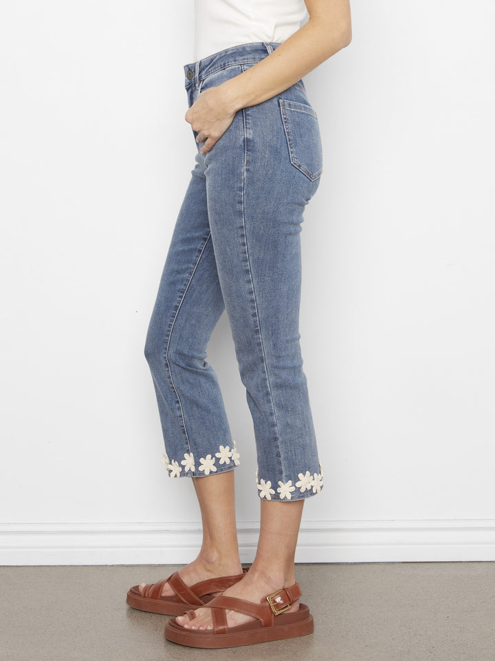 Medium Blue Floral Hem Flare Leg Jean