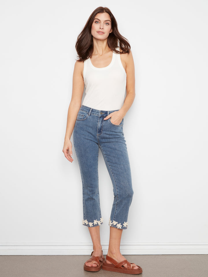 Medium Blue Floral Hem Flare Leg Jean
