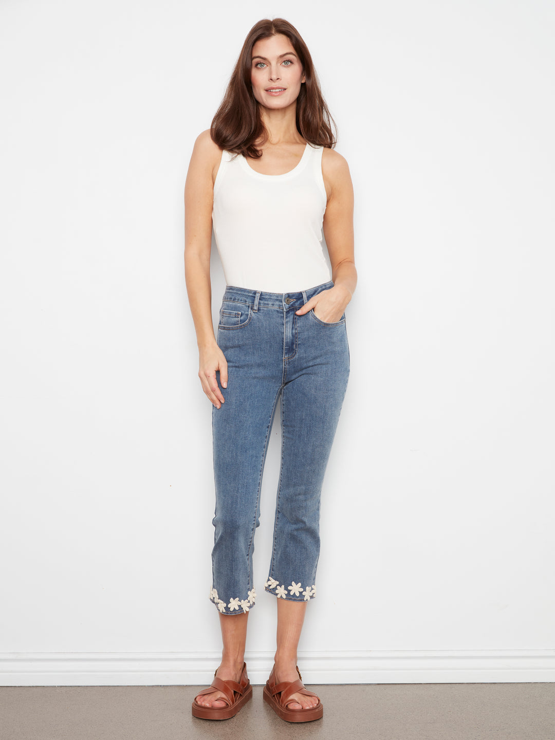 Medium Blue Floral Hem Flare Leg Jean