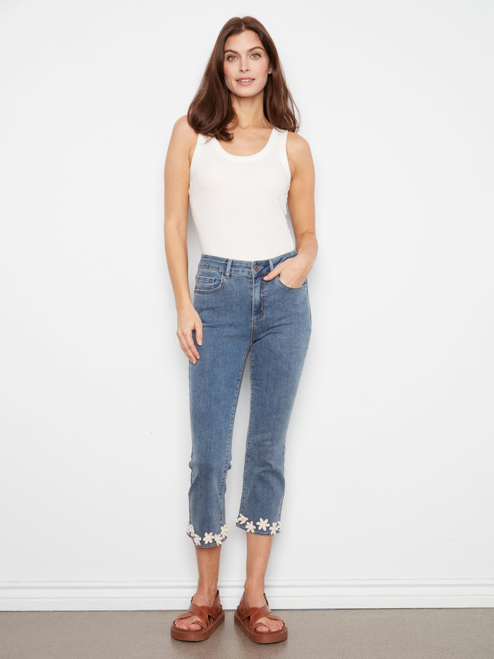Medium Blue Floral Hem Flare Leg Jean