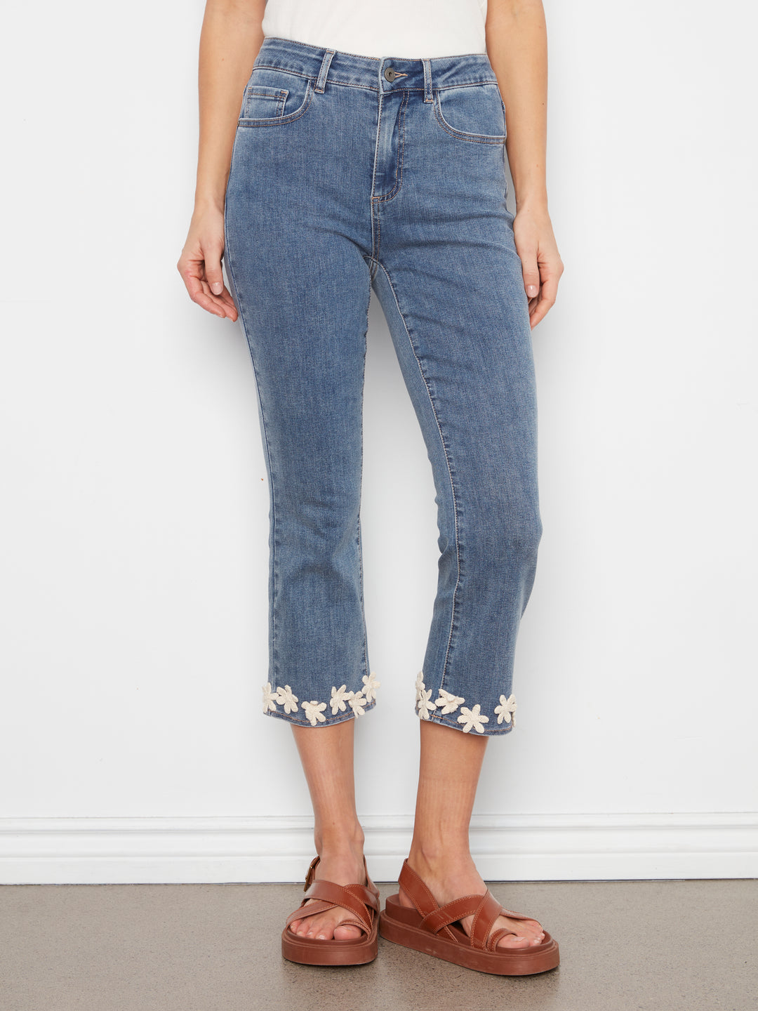 Medium Blue Floral Hem Flare Leg Jean