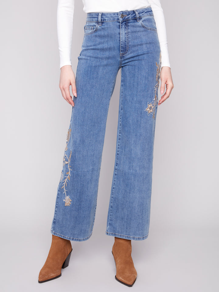 Medium Blue Flower & Sequin Wide Leg Jean