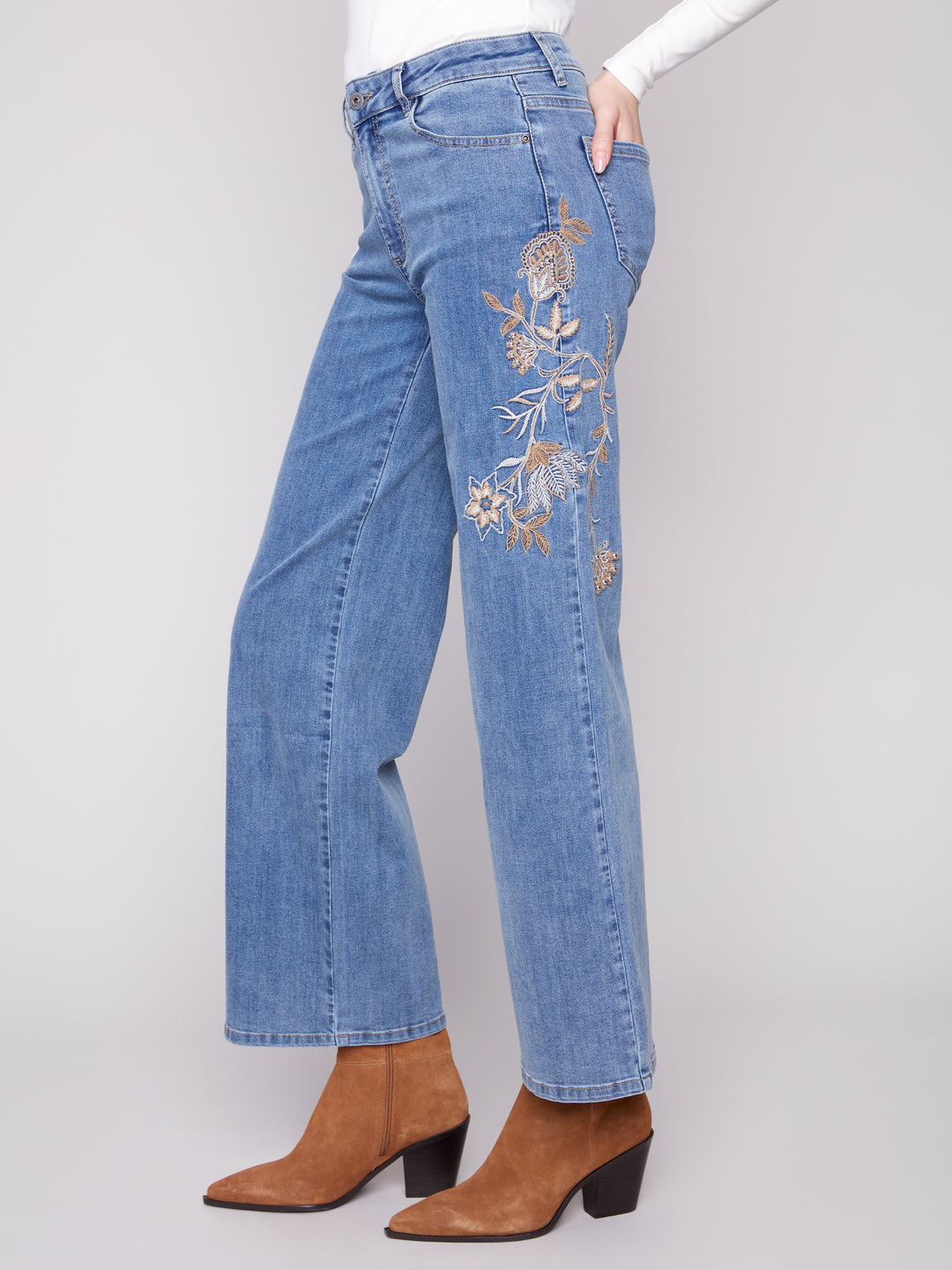 Medium Blue Flower & Sequin Wide Leg Jean