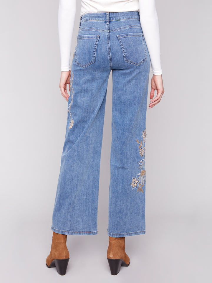 Medium Blue Flower & Sequin Wide Leg Jean