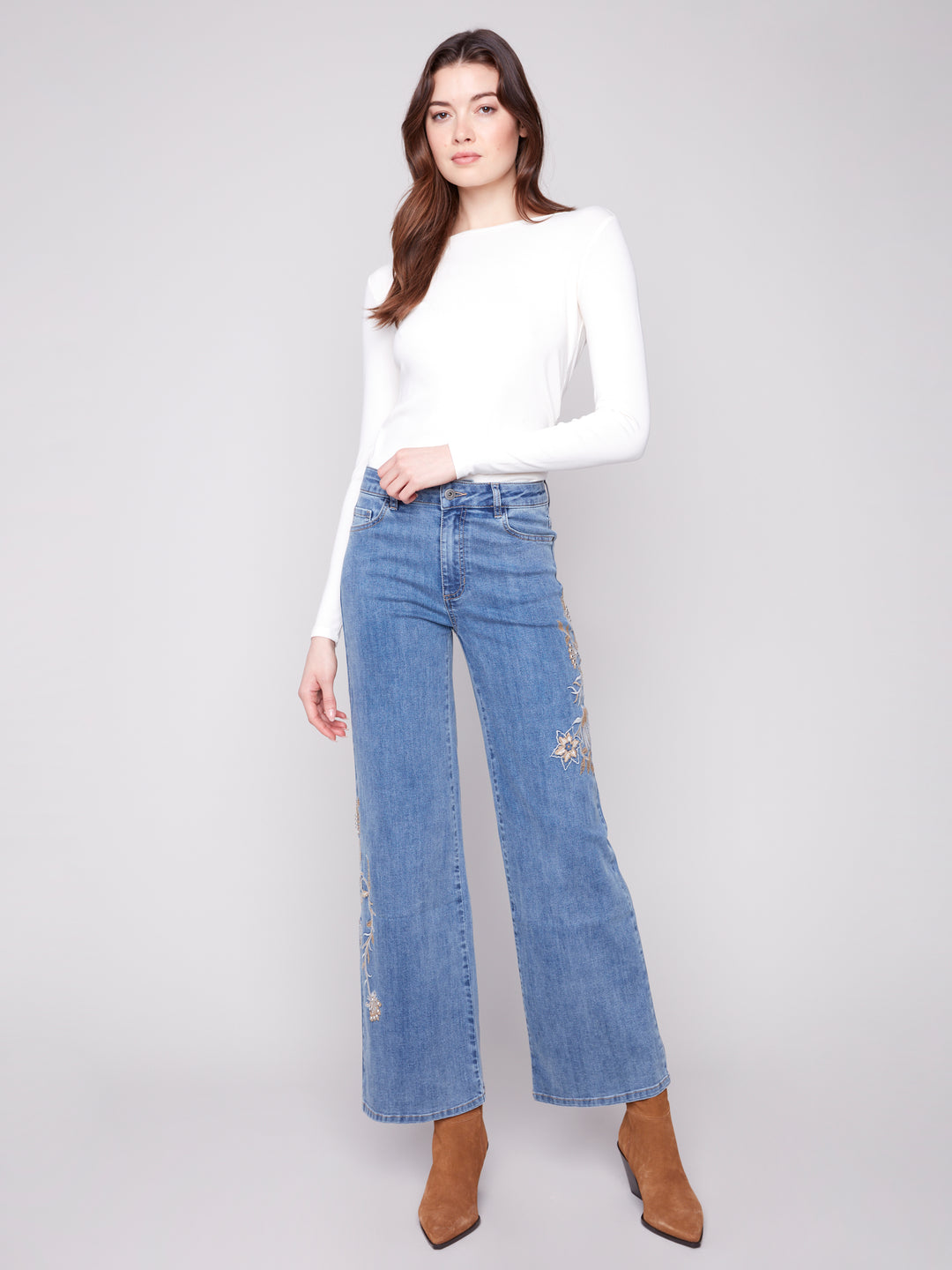 Medium Blue Flower & Sequin Wide Leg Jean