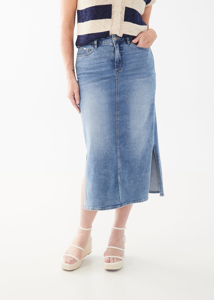 Medium Blue Long Denim Skirt With Side Slits
