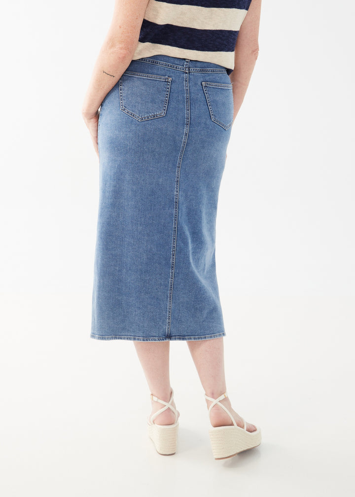 Medium Blue Long Denim Skirt With Side Slits
