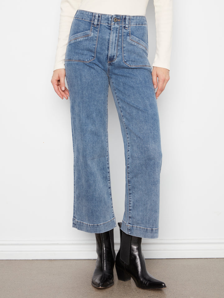 Medium Blue Patch Pocket Cropped Wide Leg Jean