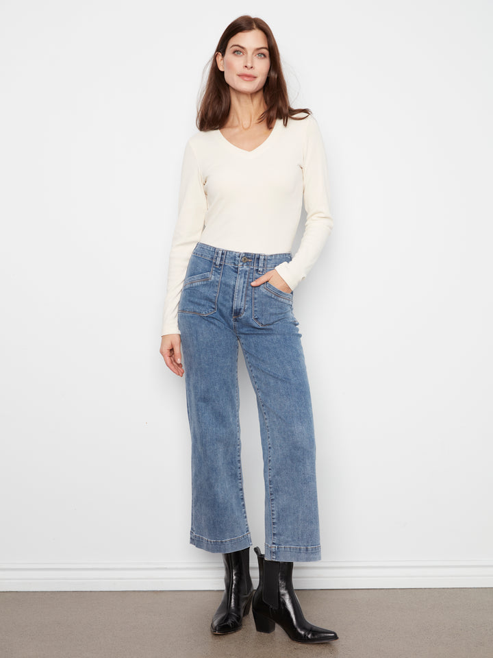 Medium Blue Patch Pocket Cropped Wide Leg Jean