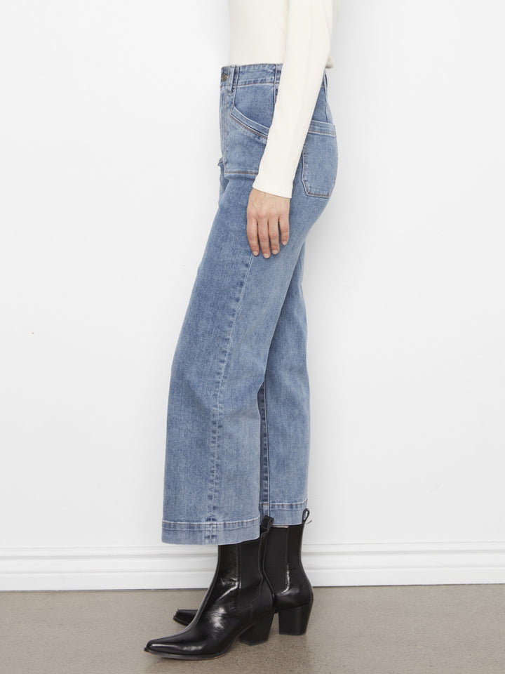 Medium Blue Patch Pocket Cropped Wide Leg Jean