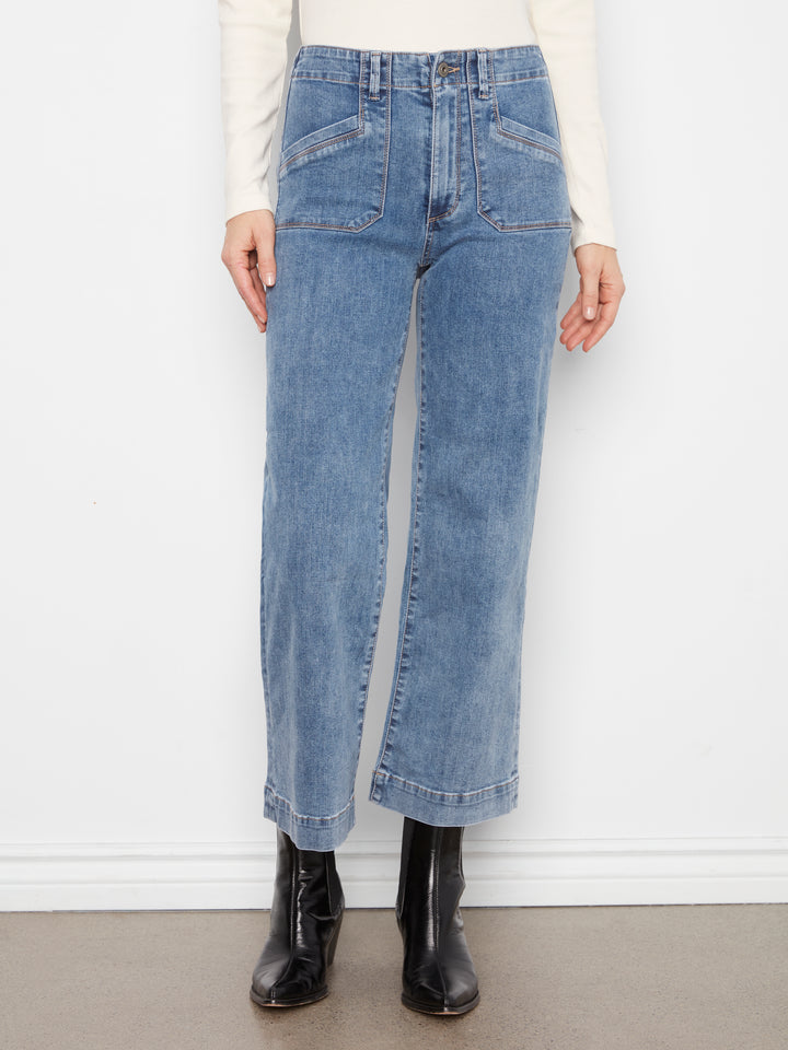 Medium Blue Patch Pocket Cropped Wide Leg Jean