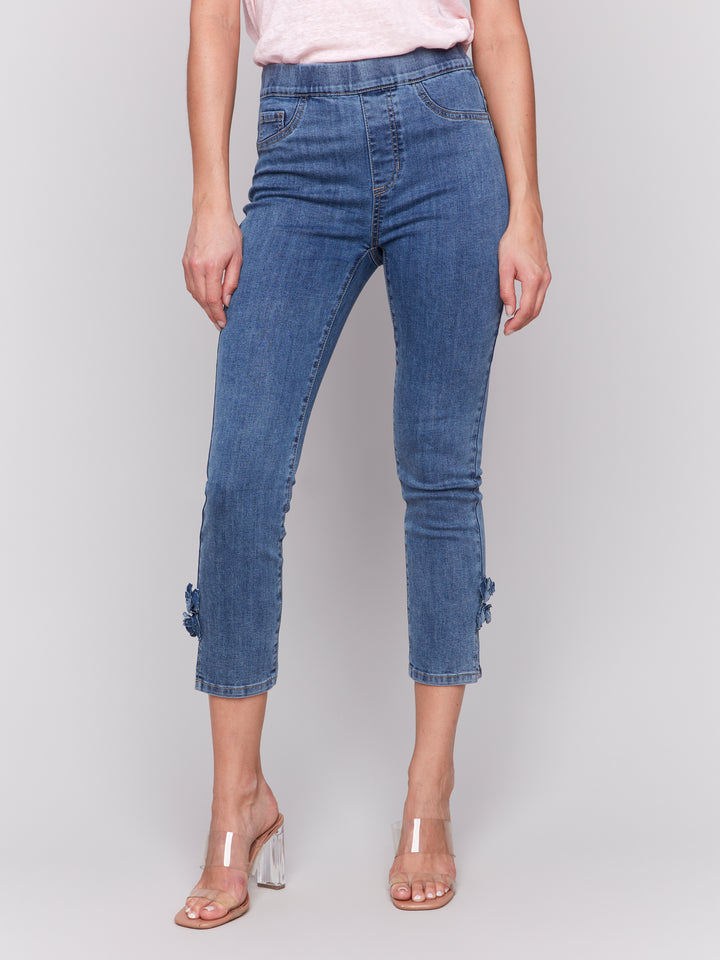 Medium Blue Side Flower Crop Jean