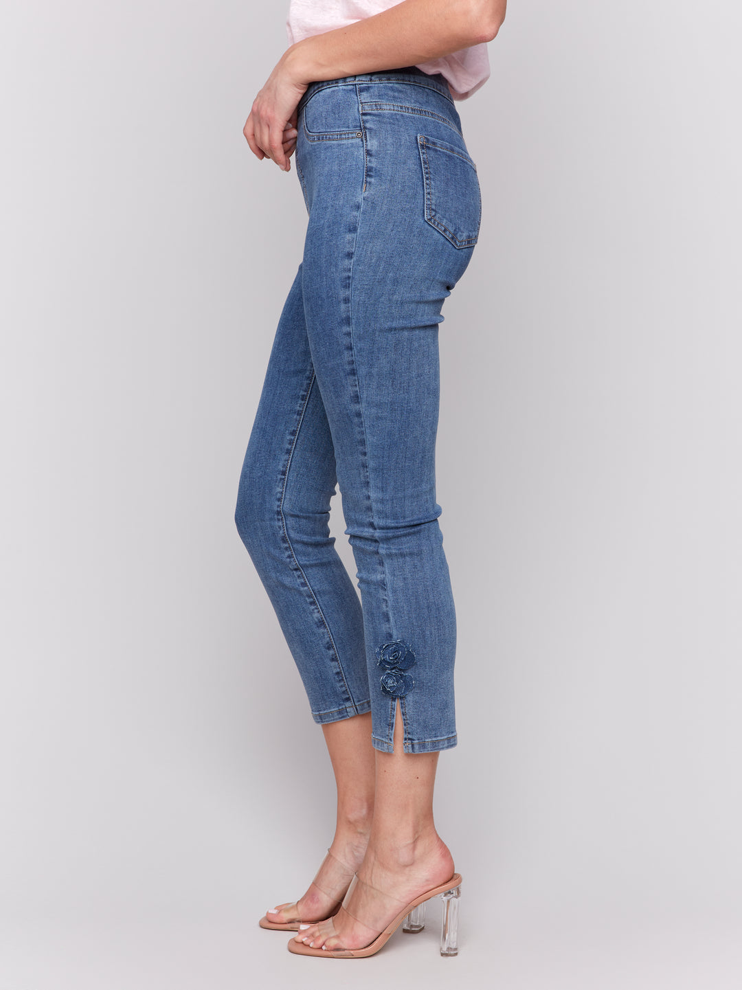 Medium Blue Side Flower Crop Jean