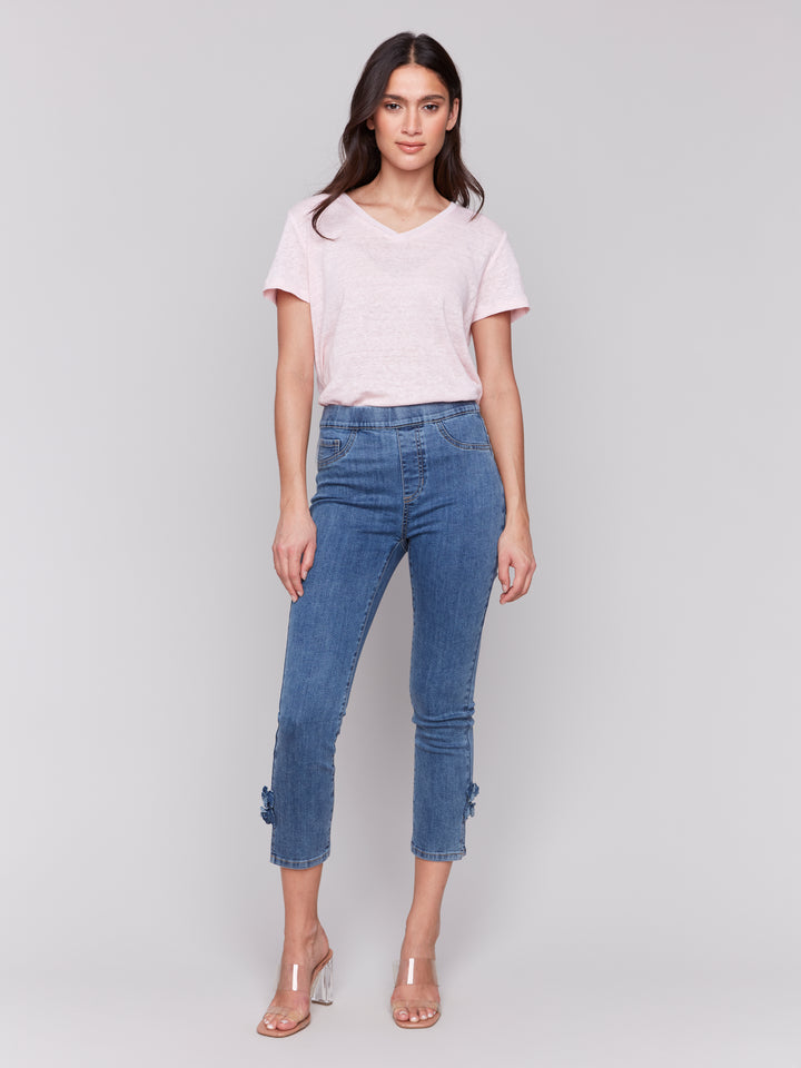 Medium Blue Side Flower Crop Jean