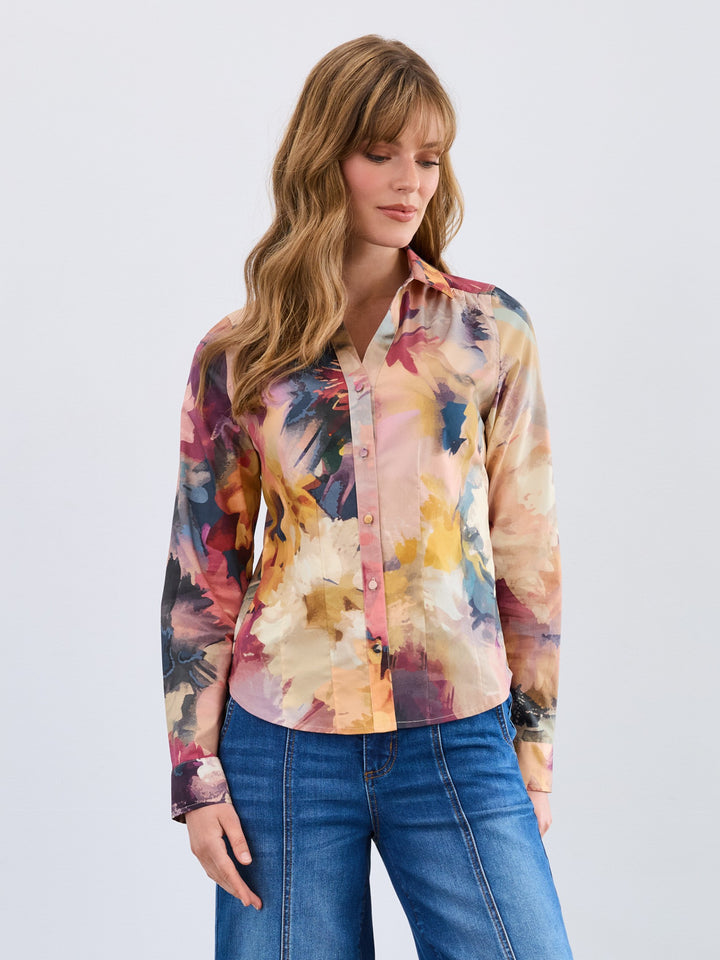 Melanie Floral Print Split Neck Poplin Shirt