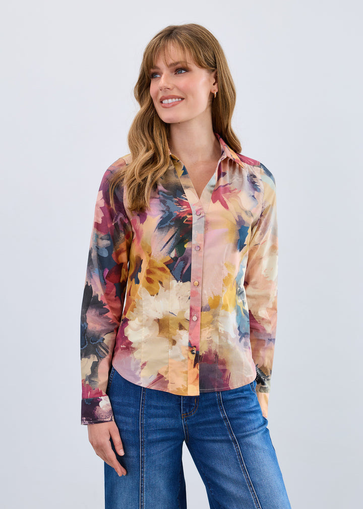 Melanie Floral Print Split Neck Poplin Shirt
