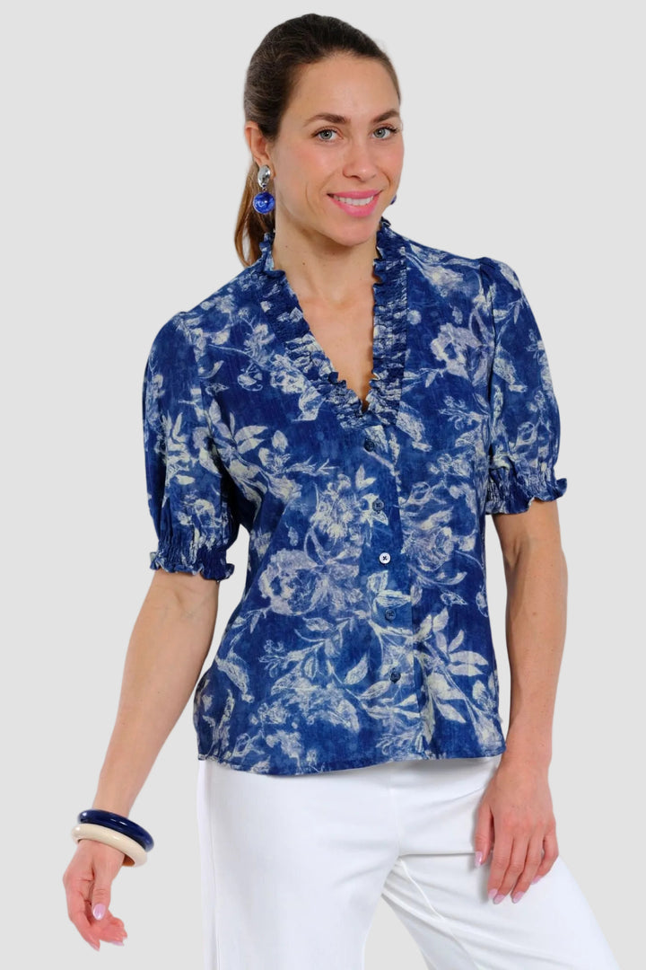 Melissa Indigo Floral V-Neck Blouse