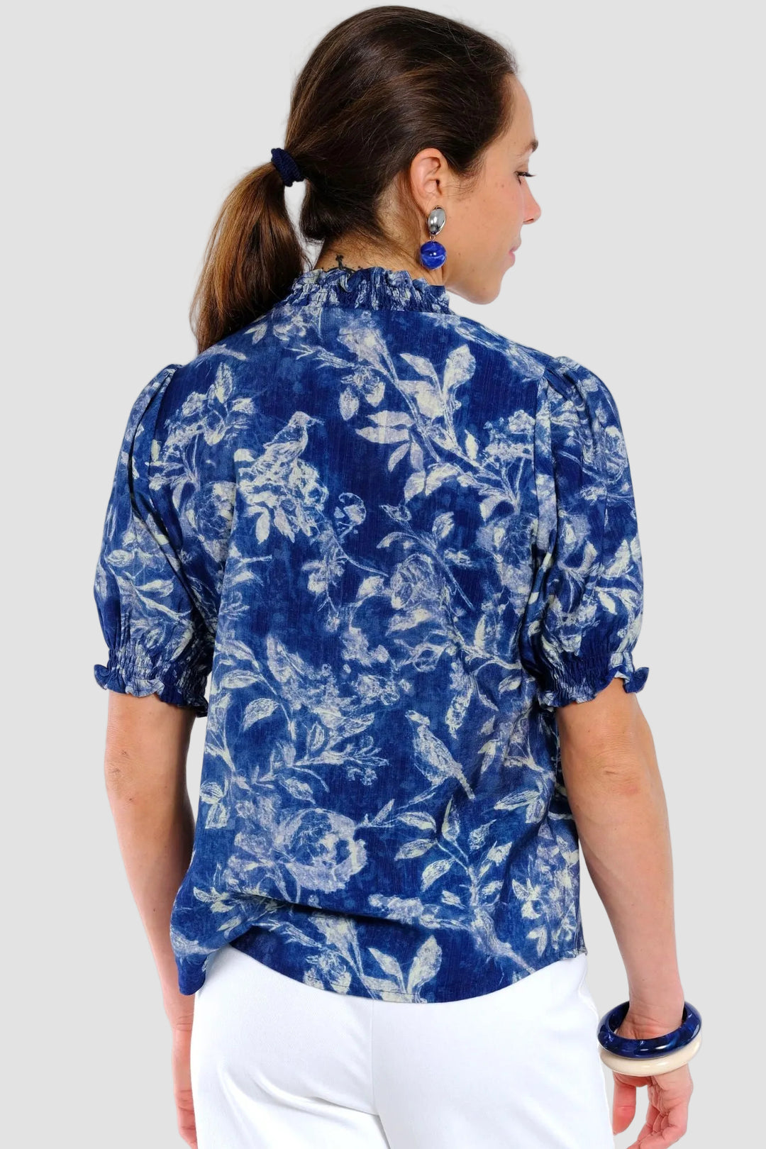 Melissa Indigo Floral V-Neck Blouse
