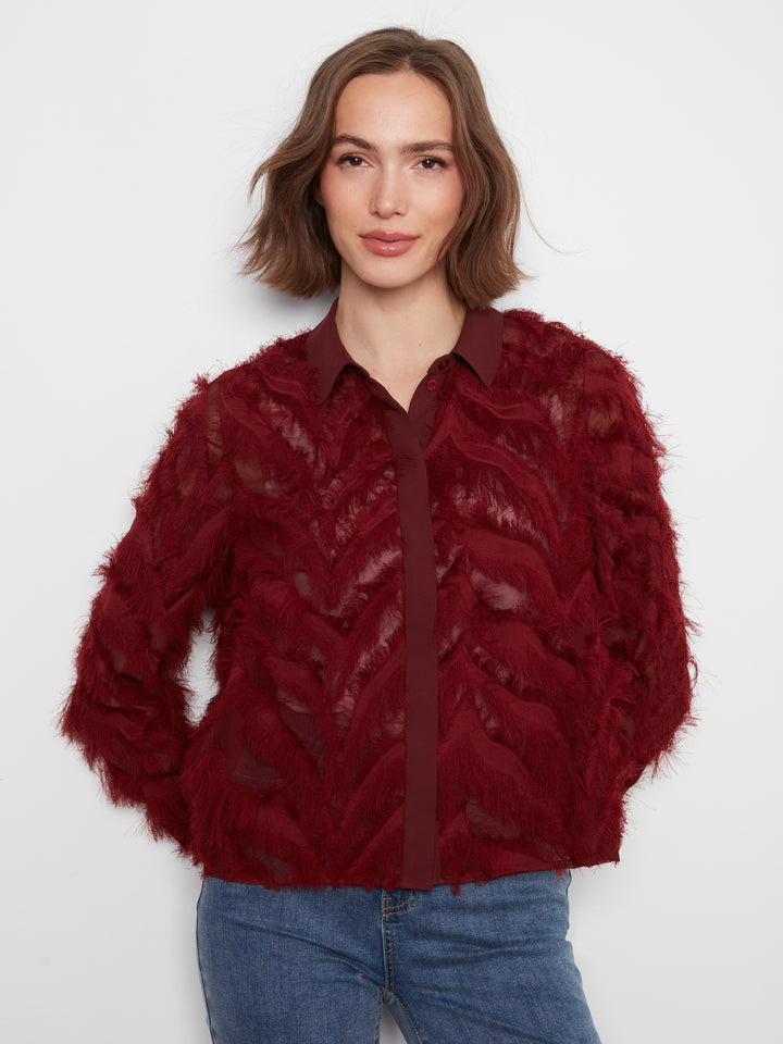 Merlot Eyelash Chiffon Button Up Blouse