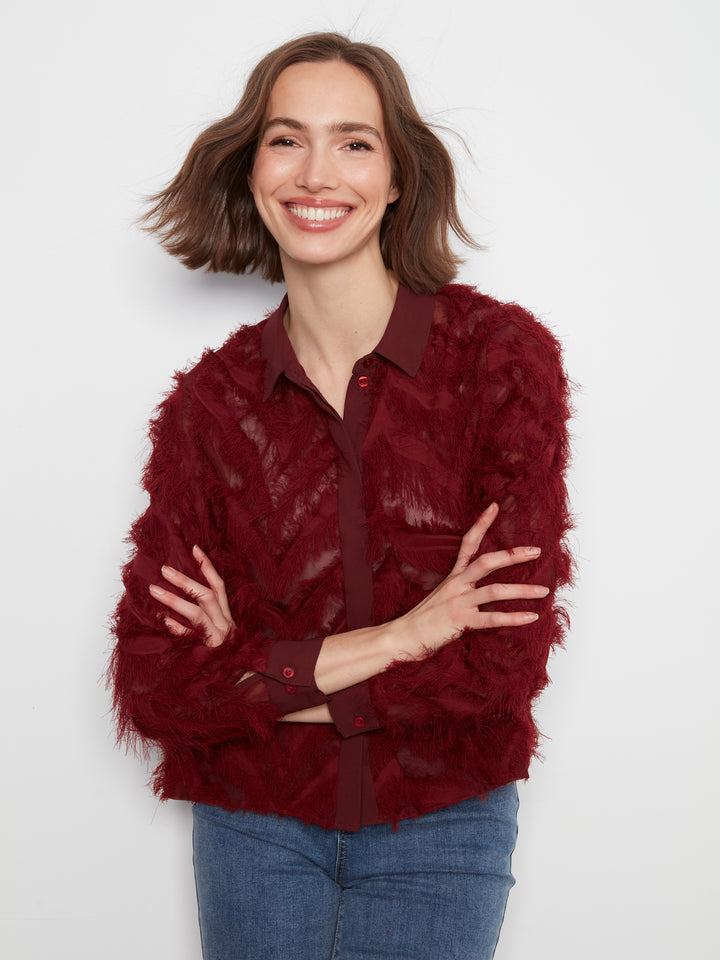 Merlot Eyelash Chiffon Button Up Blouse