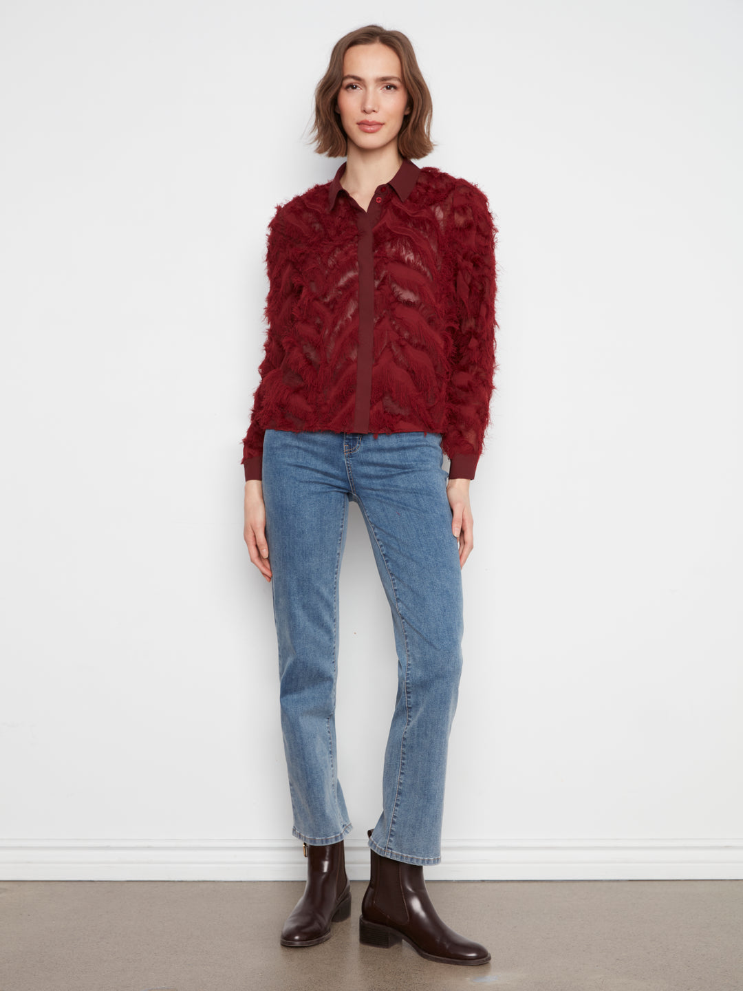 Merlot Eyelash Chiffon Button Up Blouse