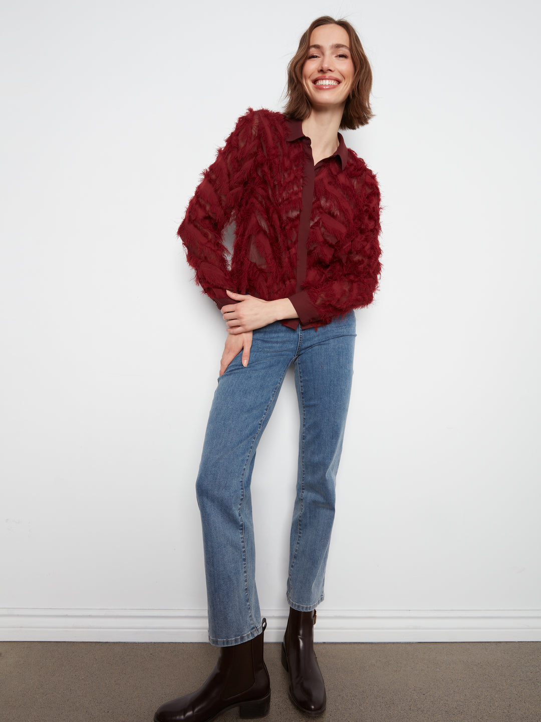 Merlot Eyelash Chiffon Button Up Blouse