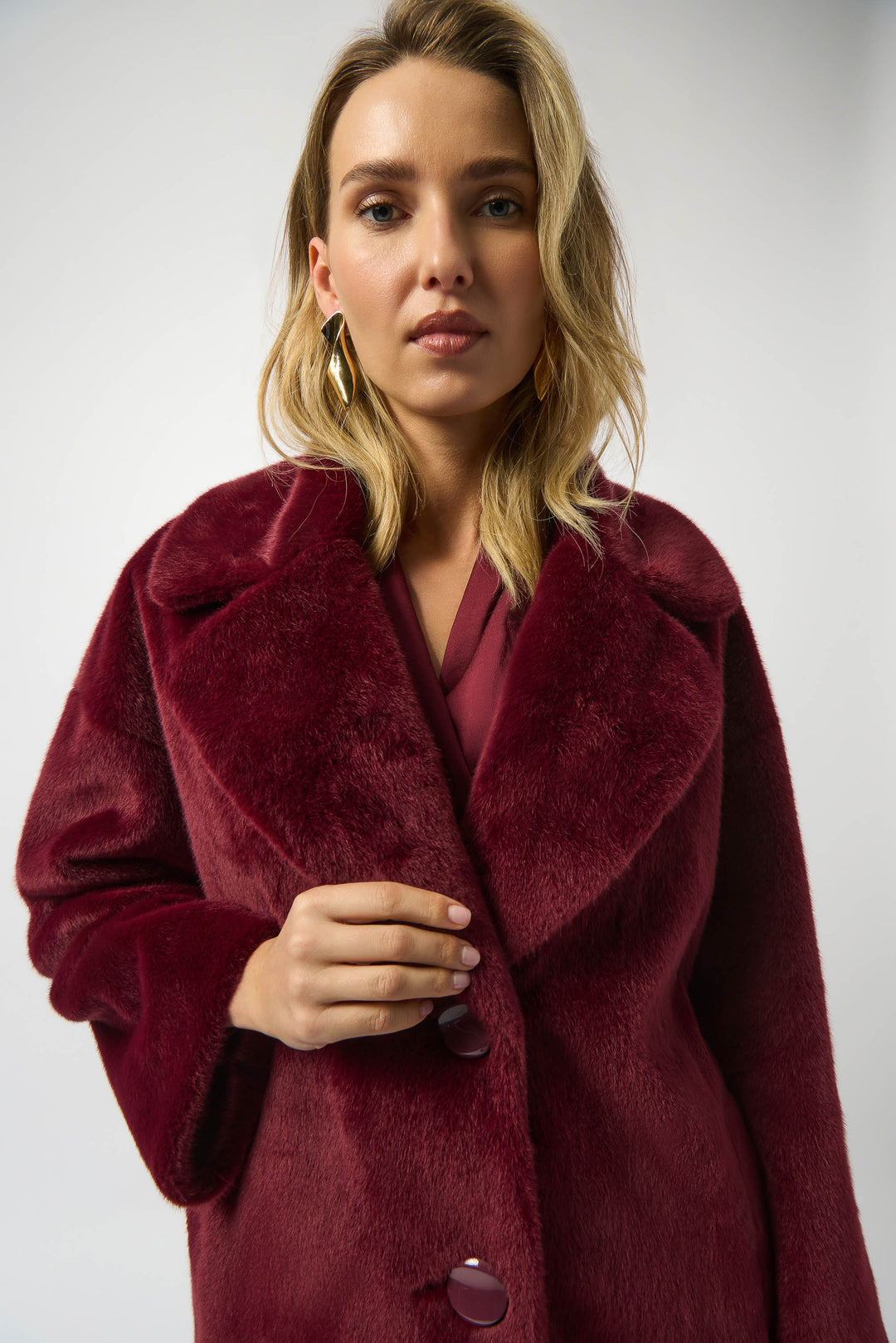 Merlot Notched Collar Faux Fur Coat