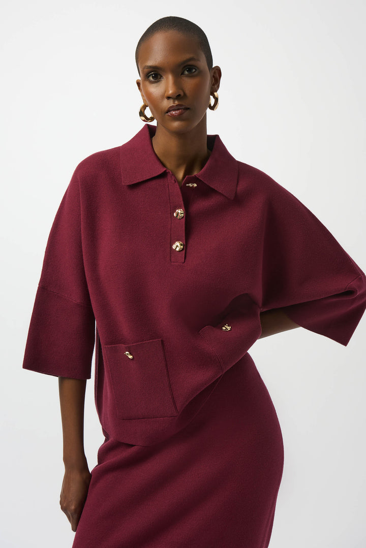 Merlot Patch Pocket Boxy Sweater with Polo Collar