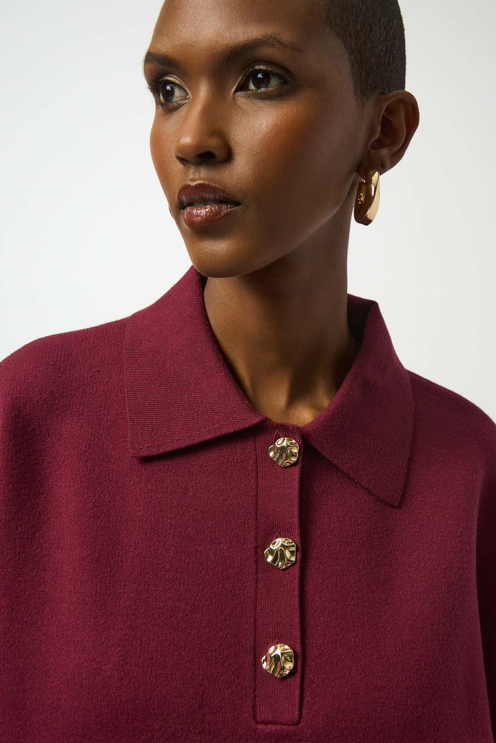 Merlot Patch Pocket Boxy Sweater with Polo Collar