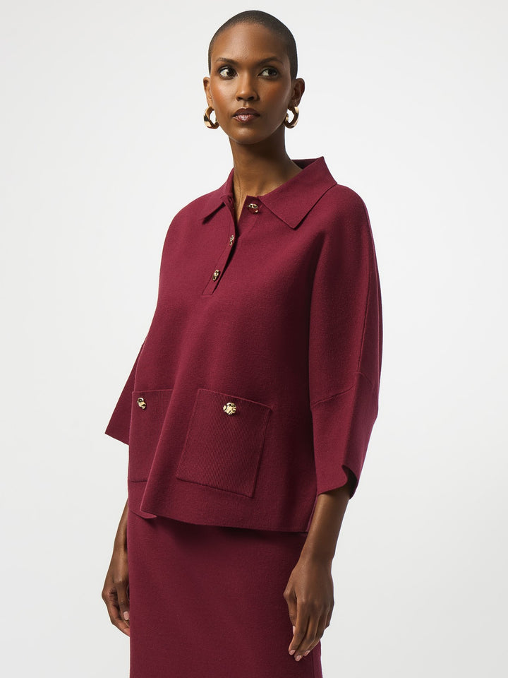 Merlot Patch Pocket Boxy Sweater with Polo Collar