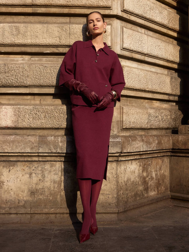 Merlot Patch Pocket Boxy Sweater with Polo Collar