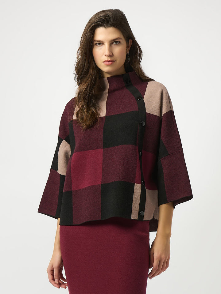 Merlot Plaid Jacquard Side Button Sweater