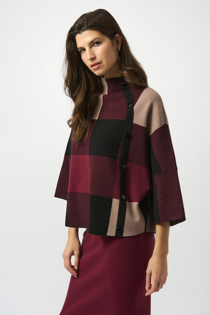 Merlot Plaid Jacquard Side Button Sweater