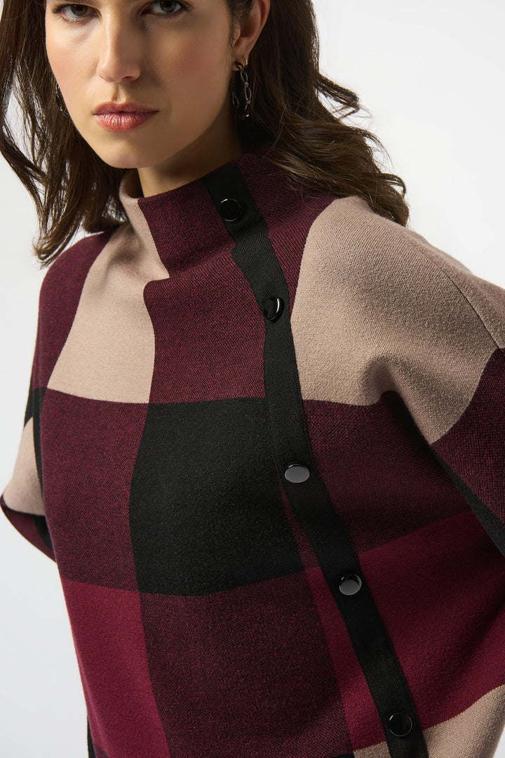 Merlot Plaid Jacquard Side Button Sweater