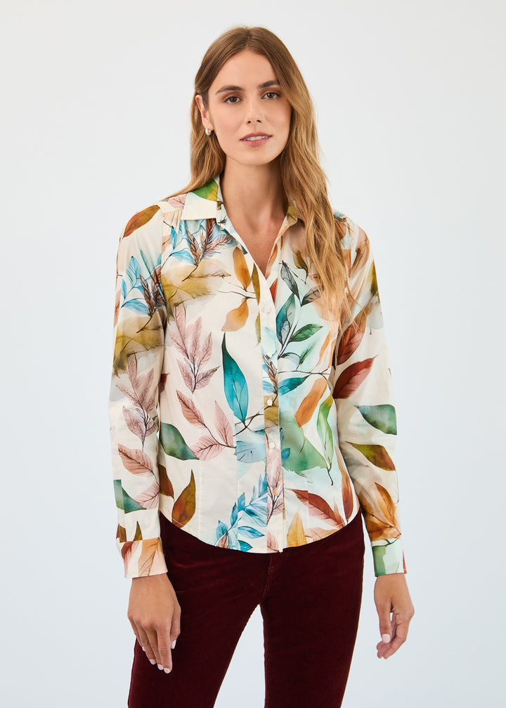 Miriam Leaf Print Split Neck Poplin Shirt