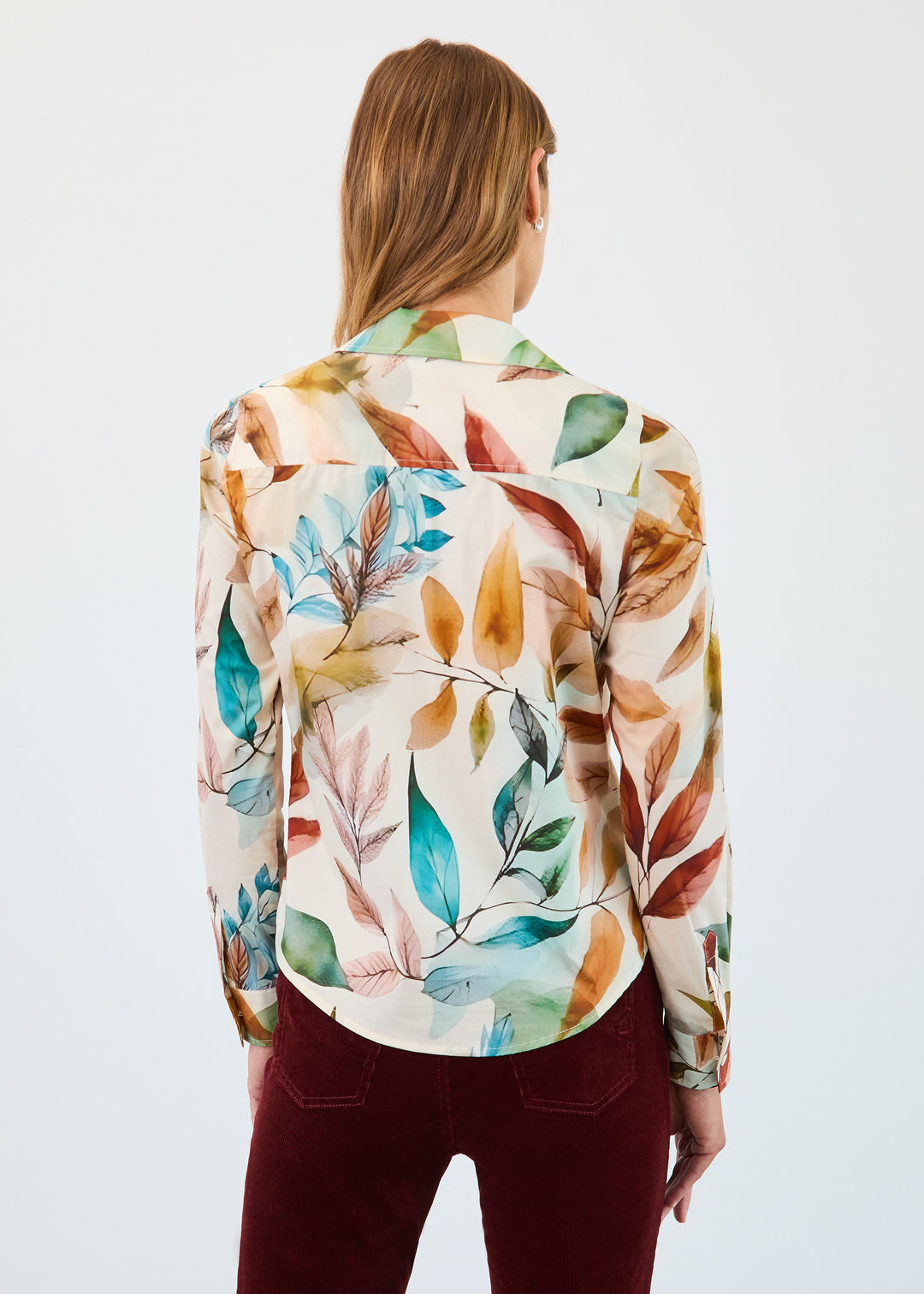 Miriam Leaf Print Split Neck Poplin Shirt