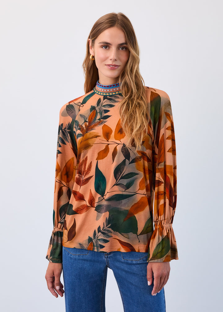 Miriam Mock Neck Leaf Print Top