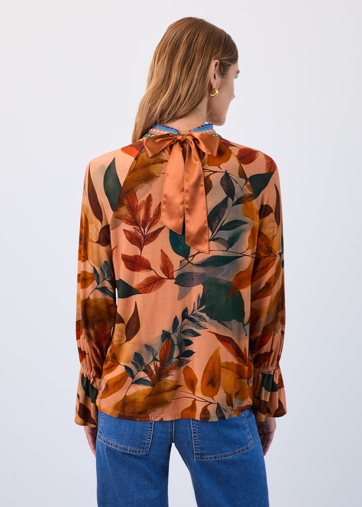 Miriam Mock Neck Leaf Print Top